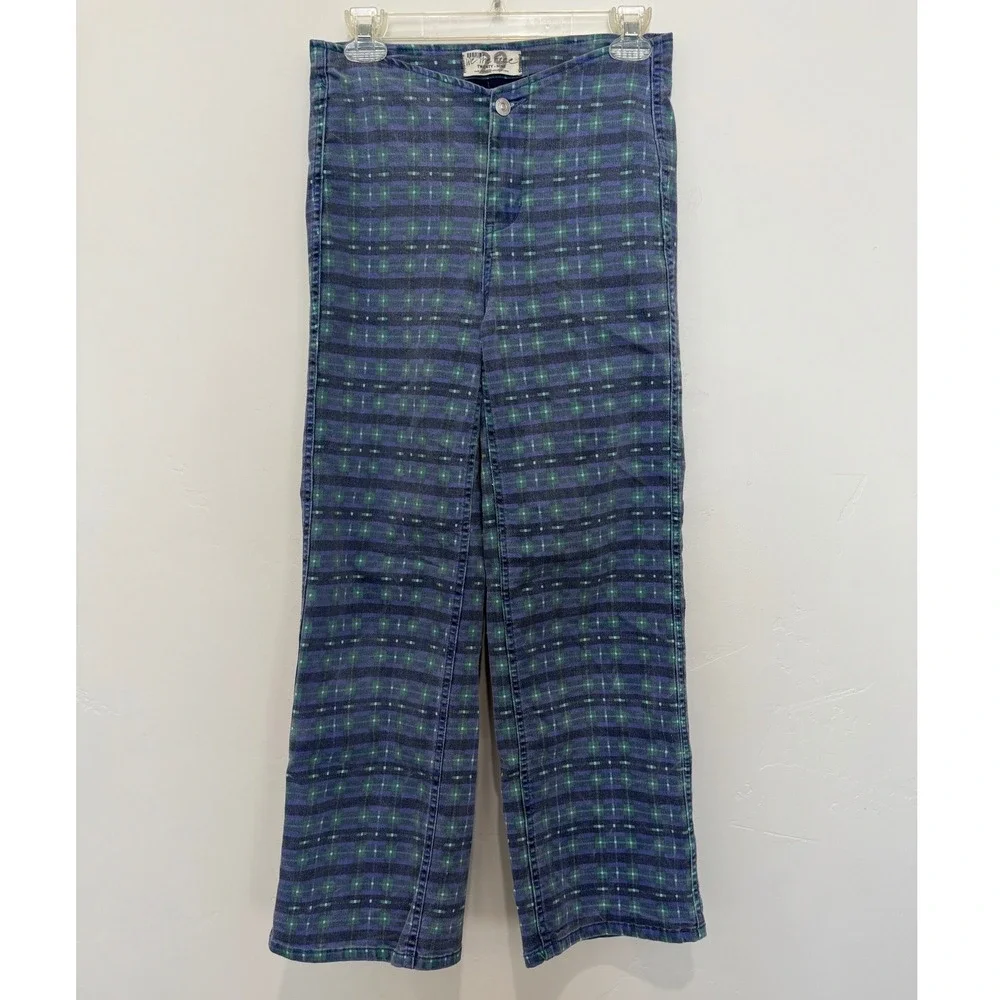 Free People Isla Print Straight Leg Jeans Retro Plaid Blue Green Size 29 Stretch